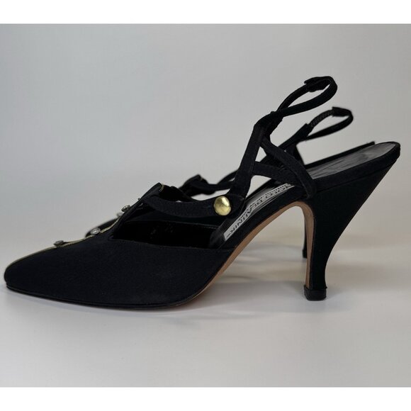 Vintage Manolo Blahnik Size 37 6 Heels Slingback Pointy Black Gold Fabric - Picture 10 of 16
